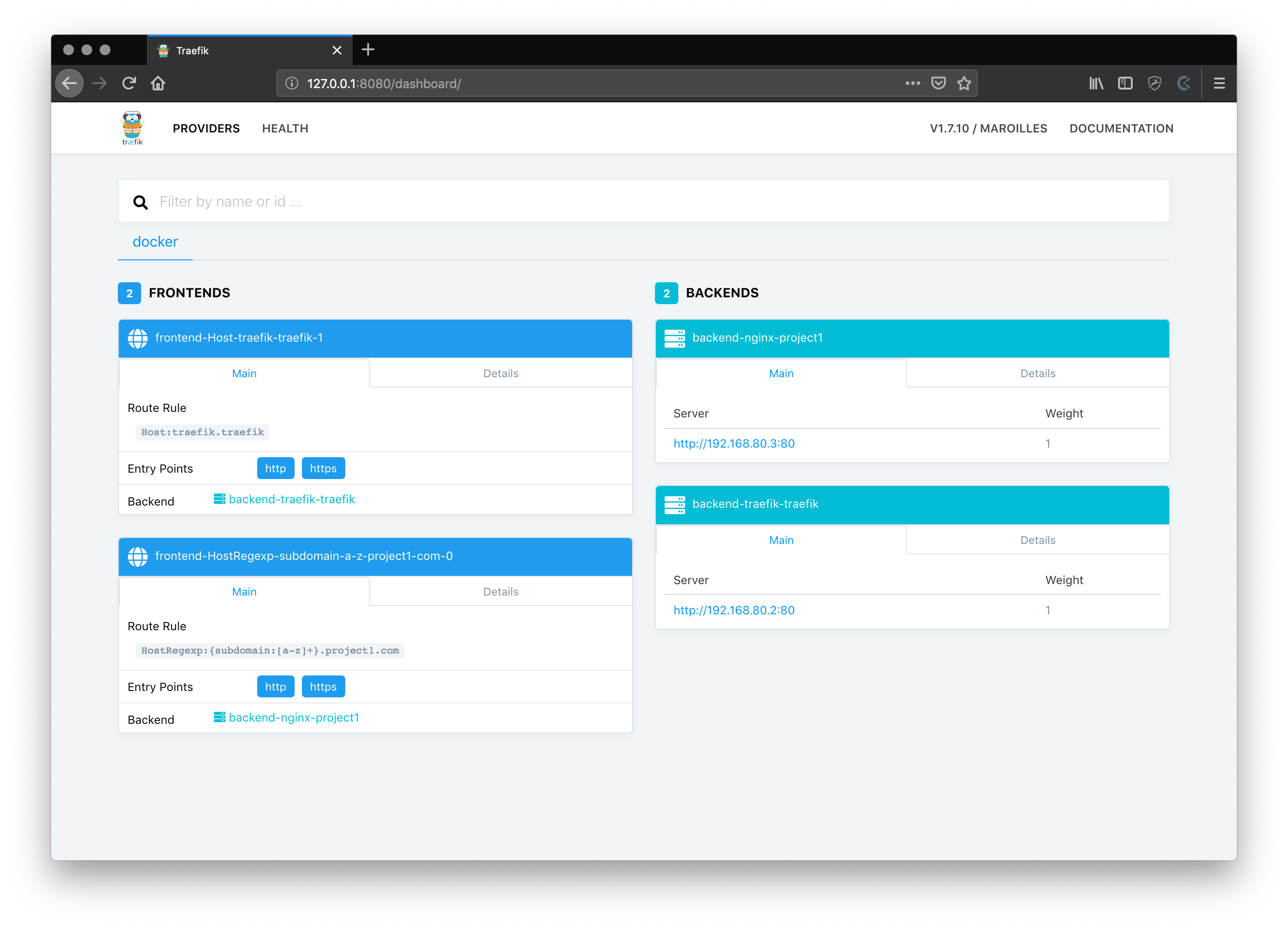 traefik dashboard with project 1 running